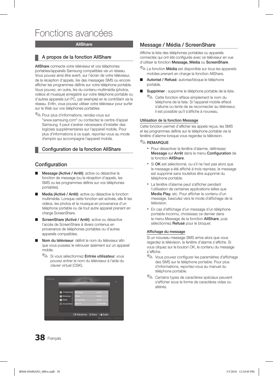 Fonctions avancées, Configuration, Message / média / screenshare | Samsung LE37C550J1W User Manual | Page 134 / 194