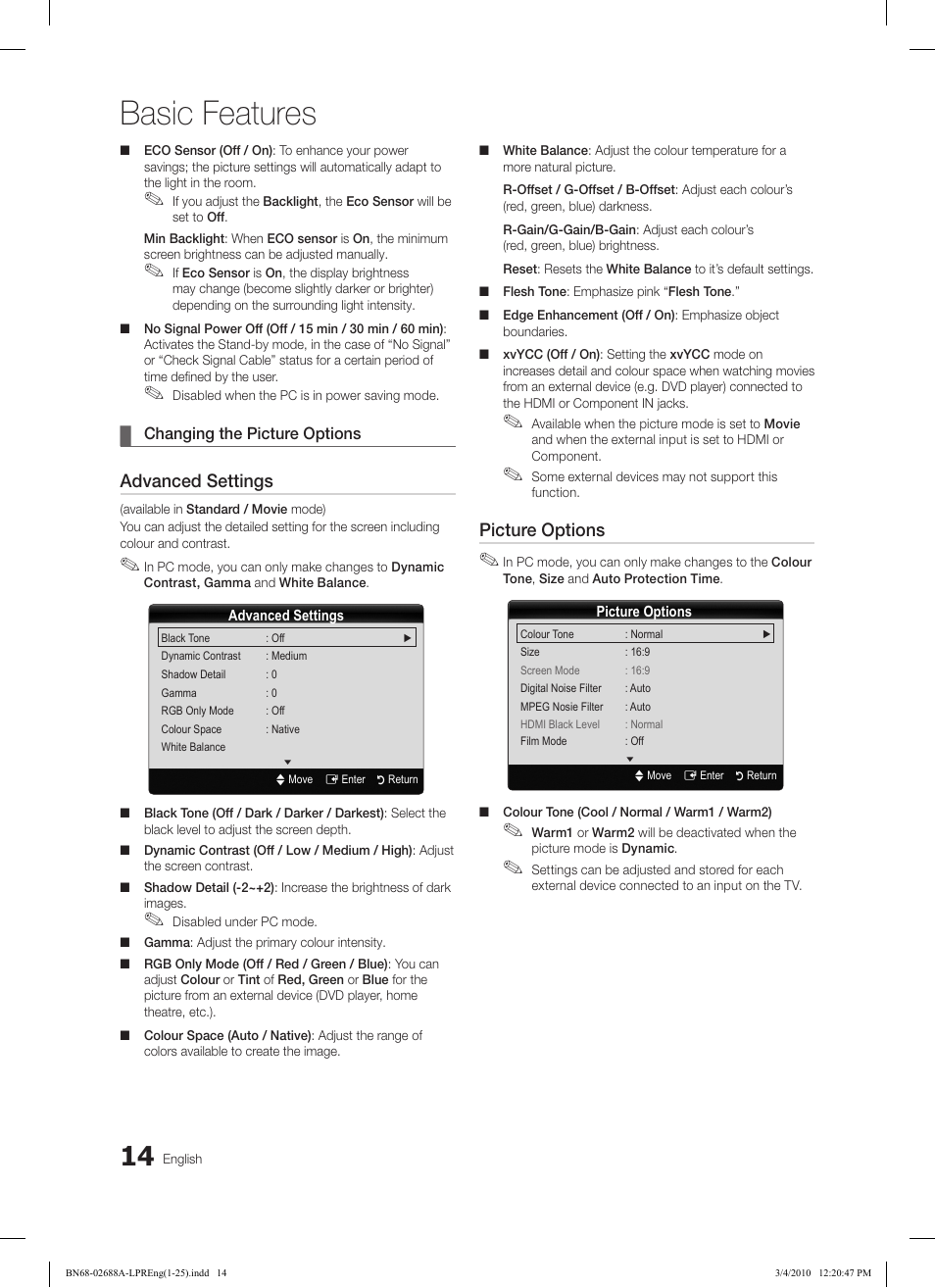 Basic features, Advanced settings, Picture options | Samsung LE37C550J1W User Manual | Page 14 / 194