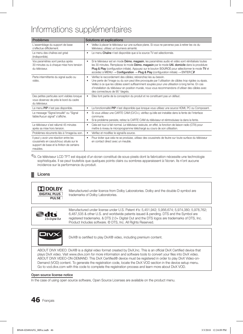 Informations supplémentaires, Licens | Samsung LE37C550J1W User Manual | Page 142 / 194