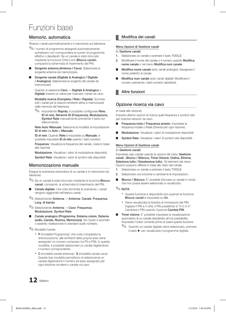 Funzioni base, Opzione ricerca via cavo | Samsung LE37C550J1W User Manual | Page 156 / 194