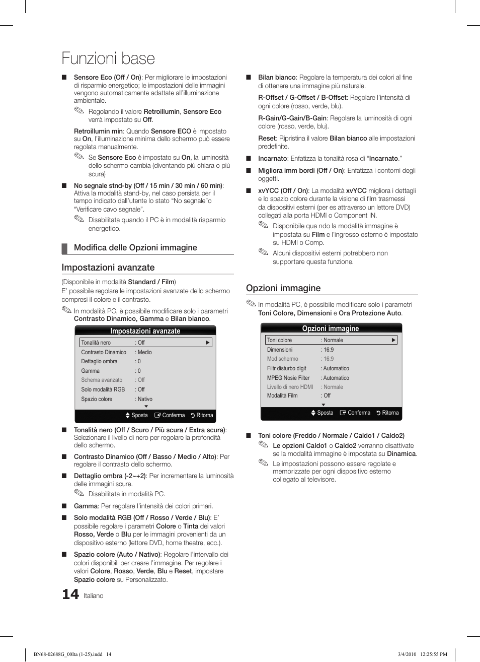 Funzioni base, Impostazioni avanzate, Opzioni immagine | Samsung LE37C550J1W User Manual | Page 158 / 194
