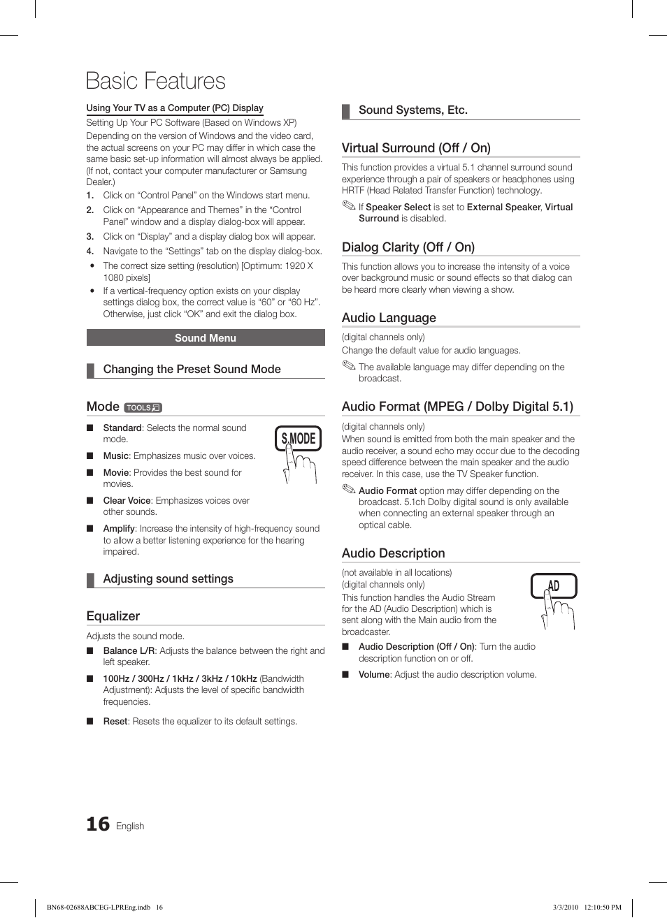 Basic features, Subt. dual i-ii p.mode s.mode source, Hdmi | Samsung LE37C550J1W User Manual | Page 16 / 194
