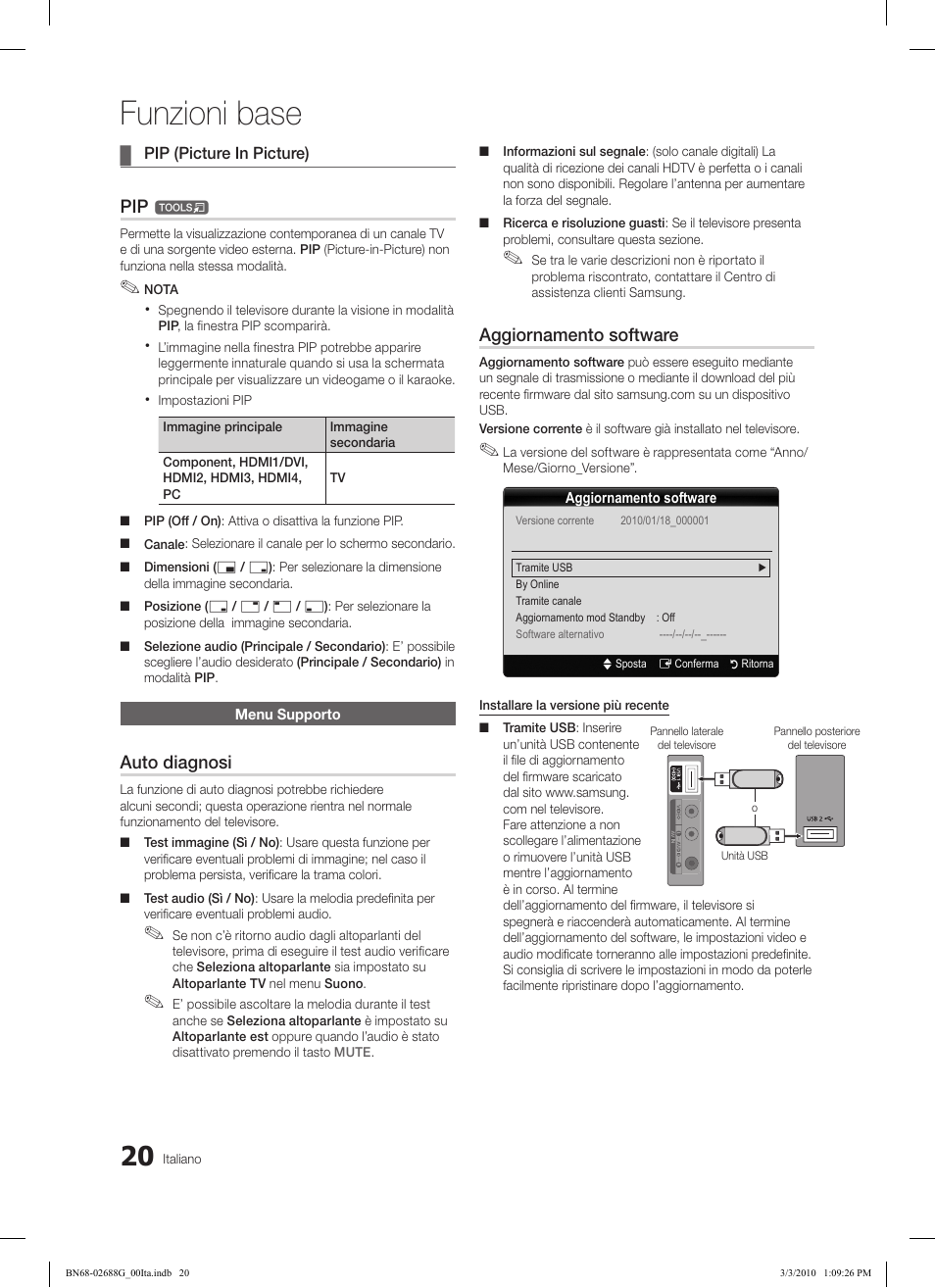 Funzioni base, Auto diagnosi, Aggiornamento software | Samsung LE37C550J1W User Manual | Page 164 / 194