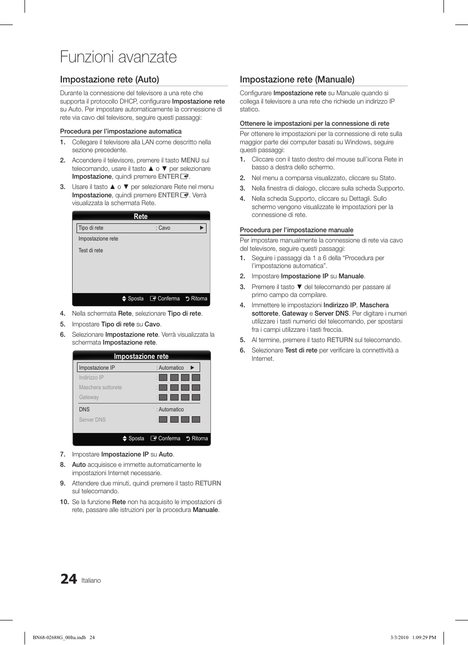 Funzioni avanzate, Impostazione rete (auto), Impostazione rete (manuale) | Samsung LE37C550J1W User Manual | Page 168 / 194