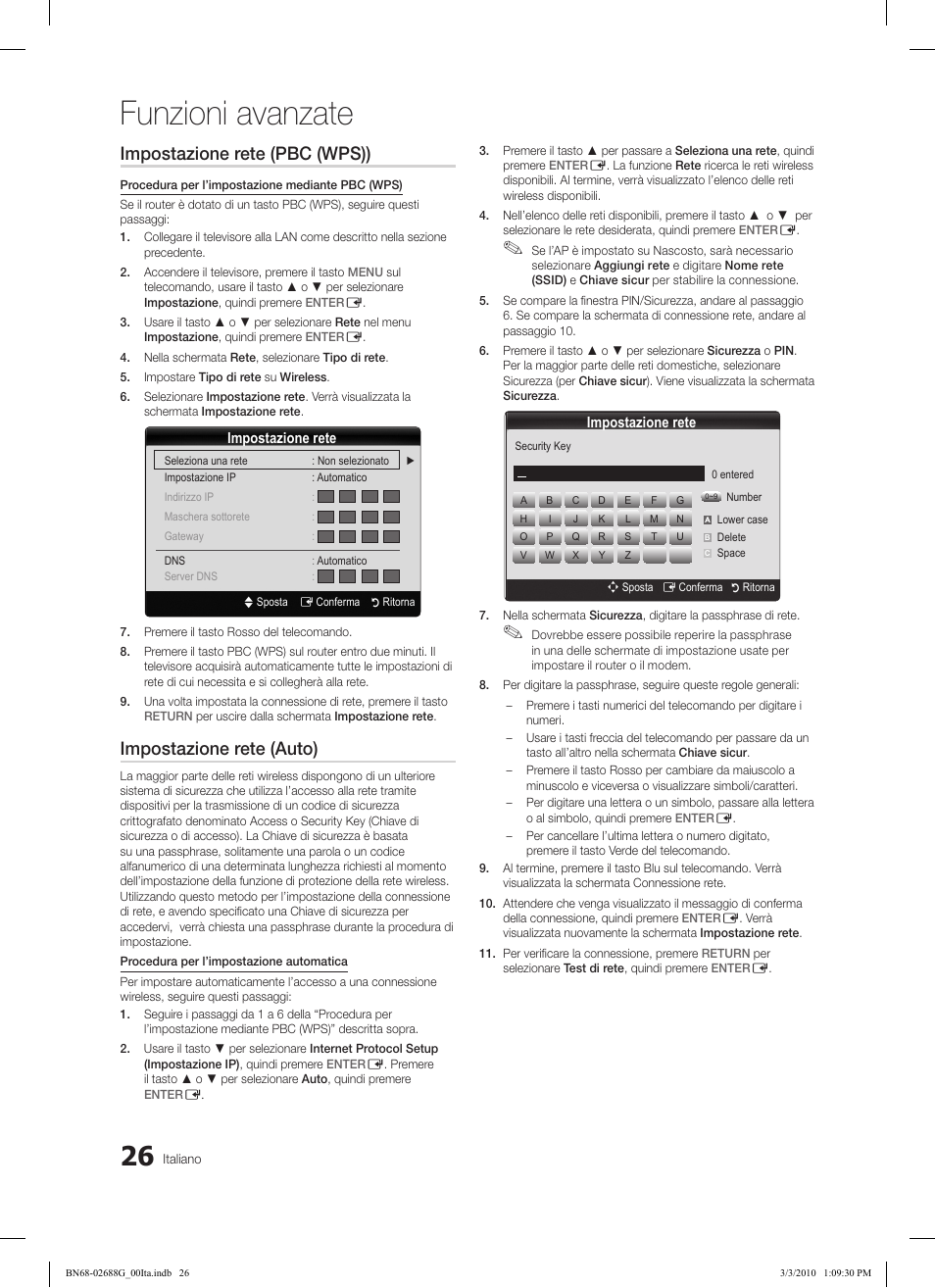 Funzioni avanzate, Impostazione rete (pbc (wps)), Impostazione rete (auto) | Samsung LE37C550J1W User Manual | Page 170 / 194