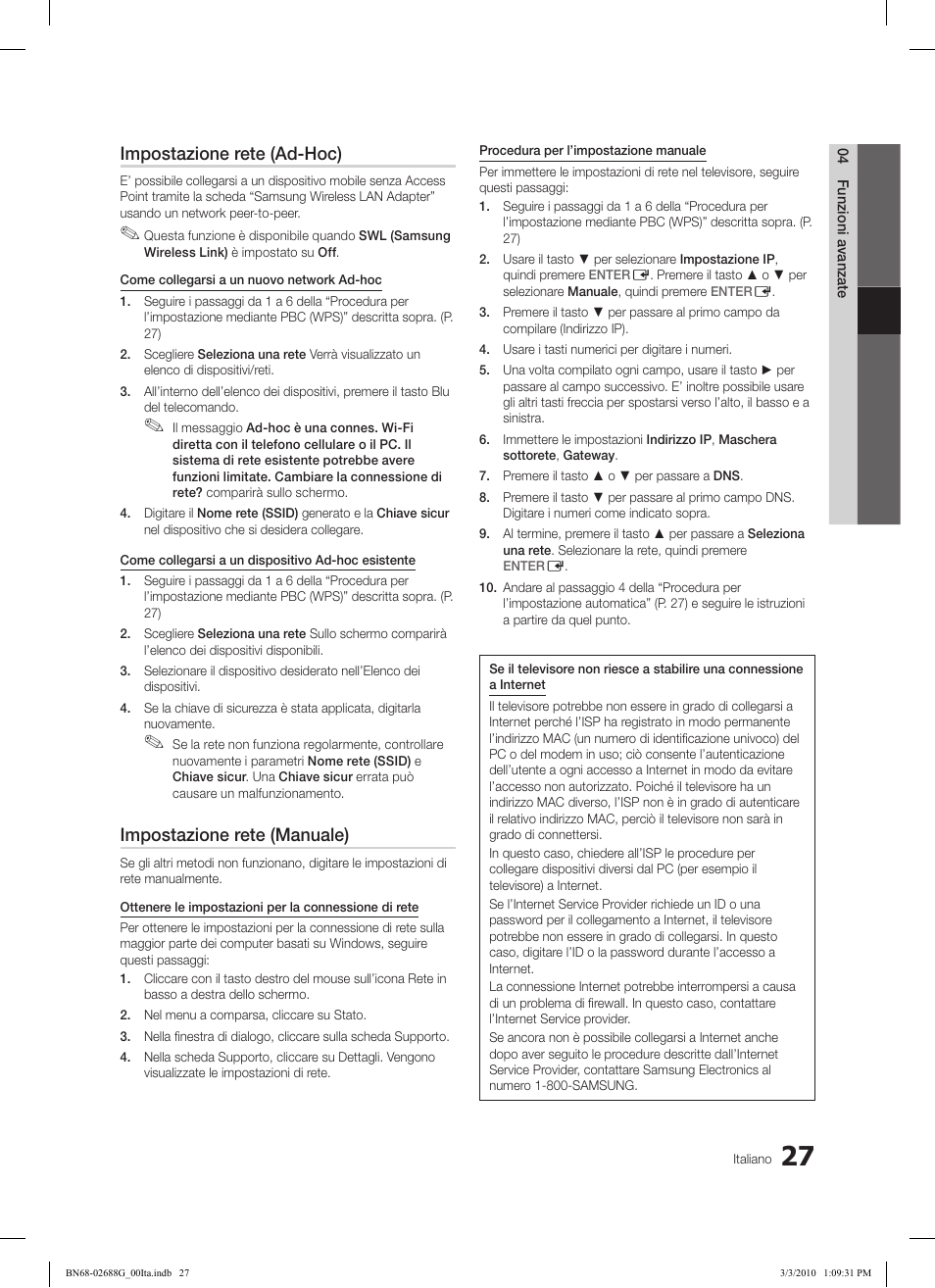 Impostazione rete (ad-hoc), Impostazione rete (manuale) | Samsung LE37C550J1W User Manual | Page 171 / 194