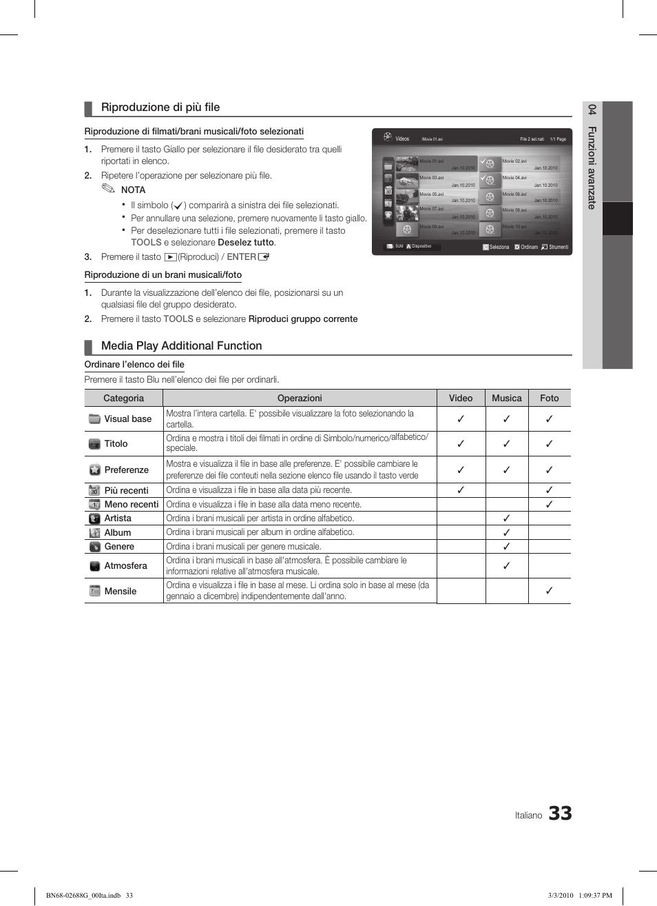 Riproduzione di più file, Media play additional function | Samsung LE37C550J1W User Manual | Page 177 / 194