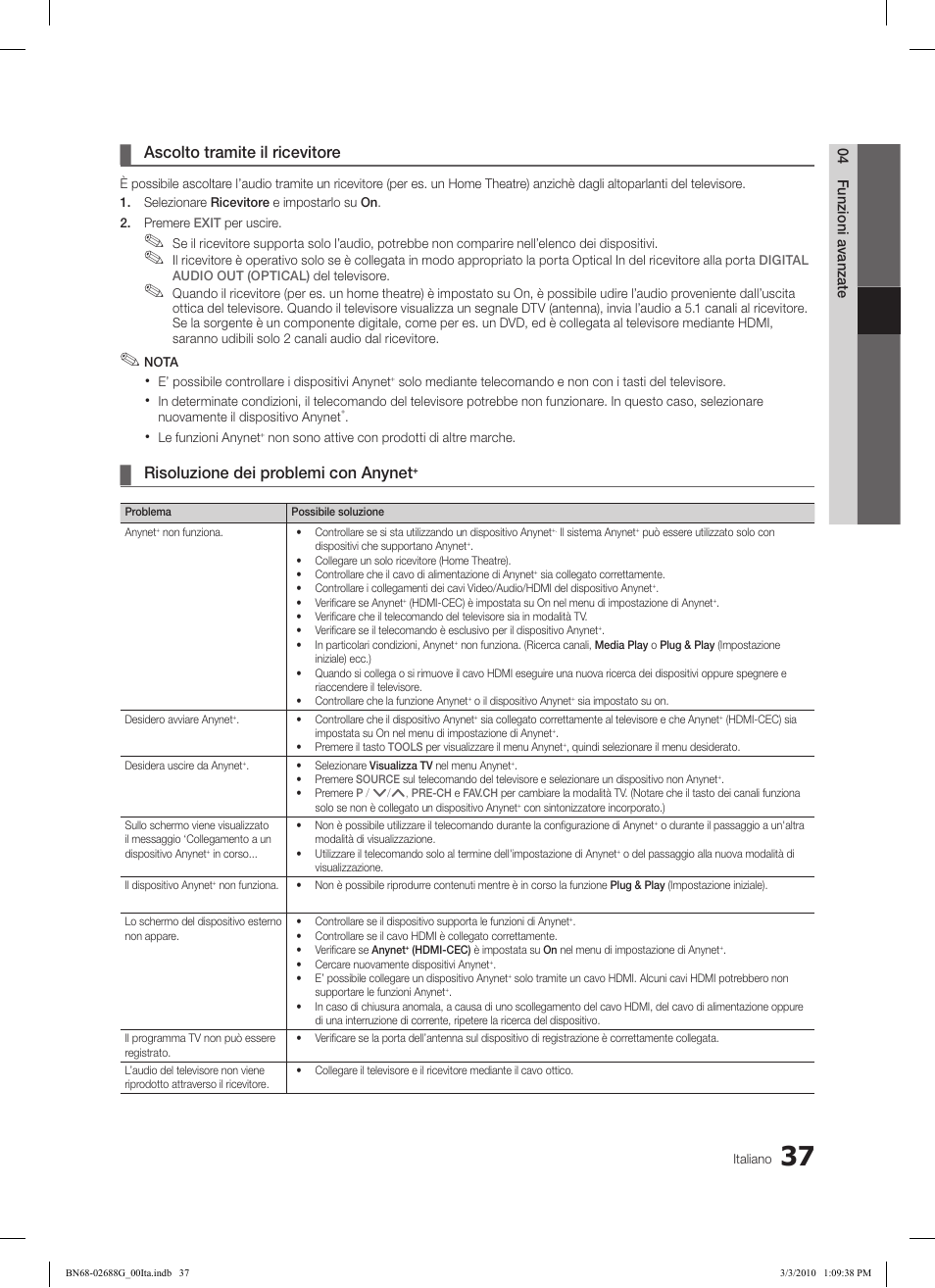 Ascolto tramite il ricevitore, Risoluzione dei problemi con anynet, 04 funzioni avanzate | Samsung LE37C550J1W User Manual | Page 181 / 194