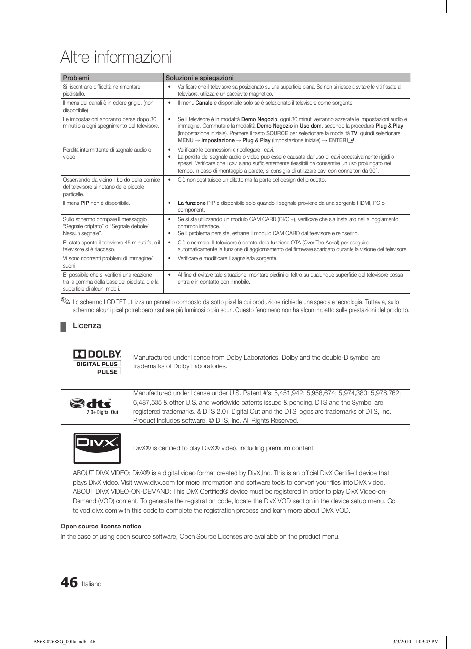 Altre informazioni, Licenza | Samsung LE37C550J1W User Manual | Page 190 / 194