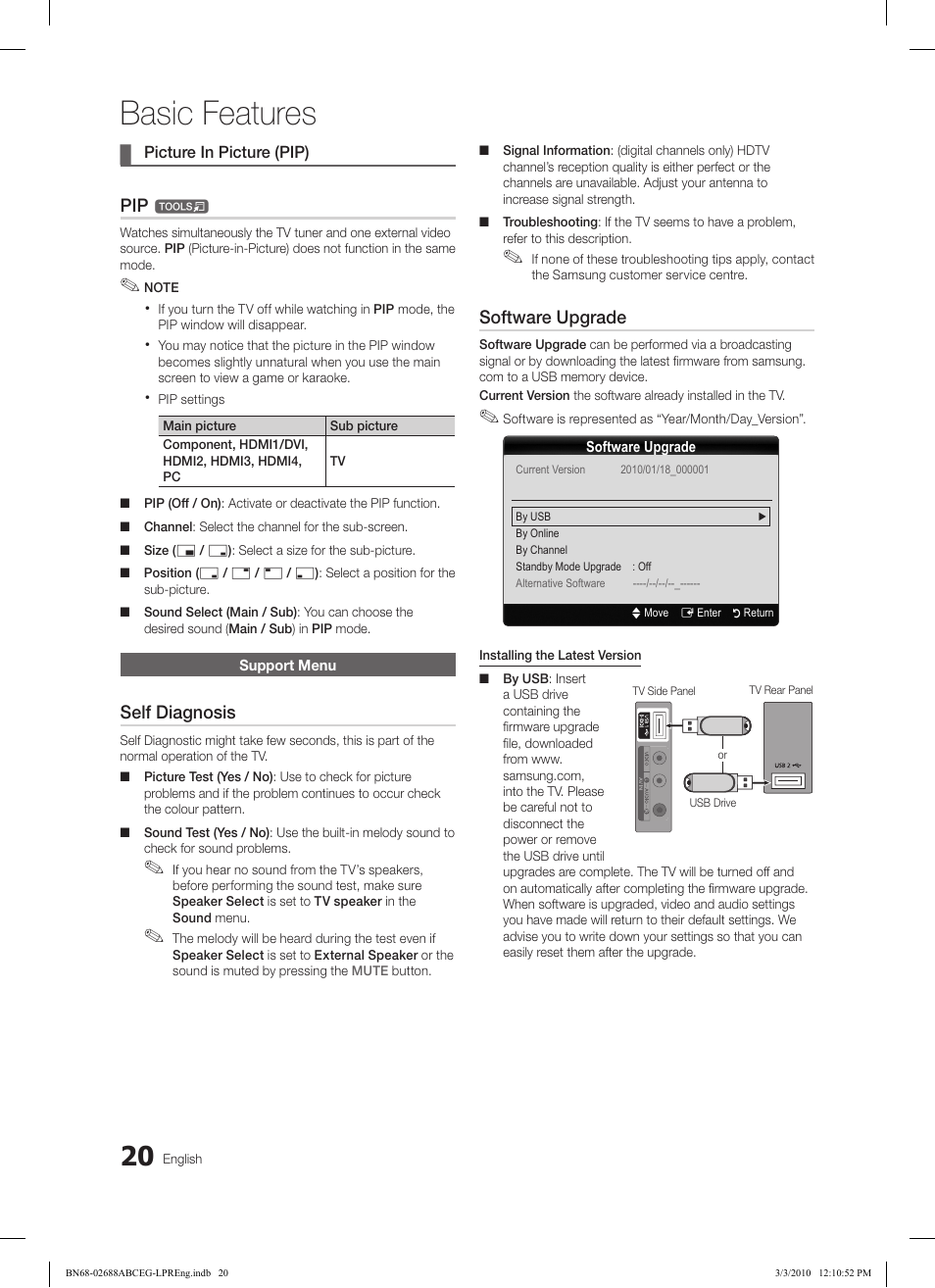 Basic features, Self diagnosis, Software upgrade | Samsung LE37C550J1W User Manual | Page 20 / 194