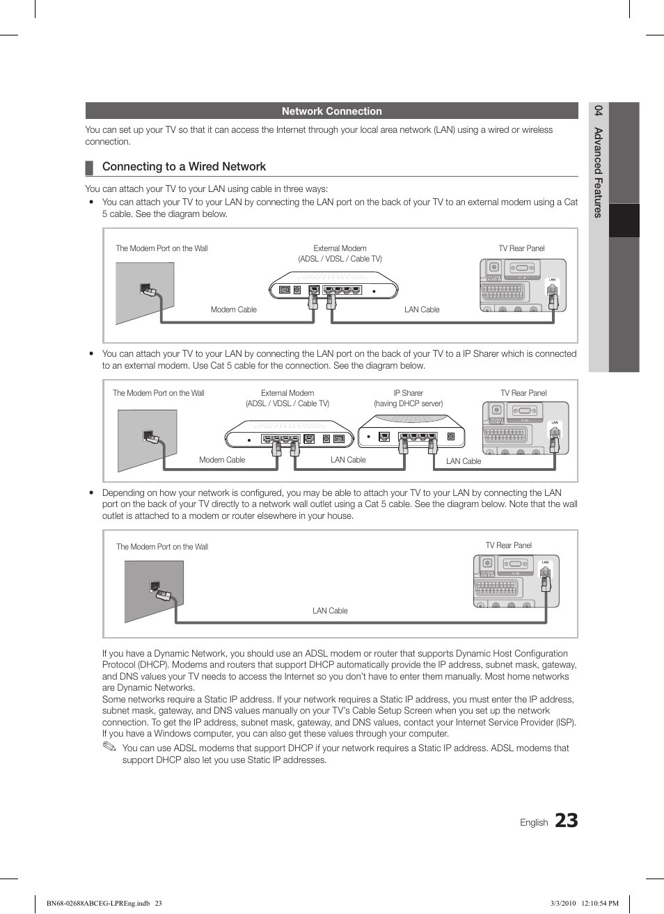 Connecting to a wired network | Samsung LE37C550J1W User Manual | Page 23 / 194