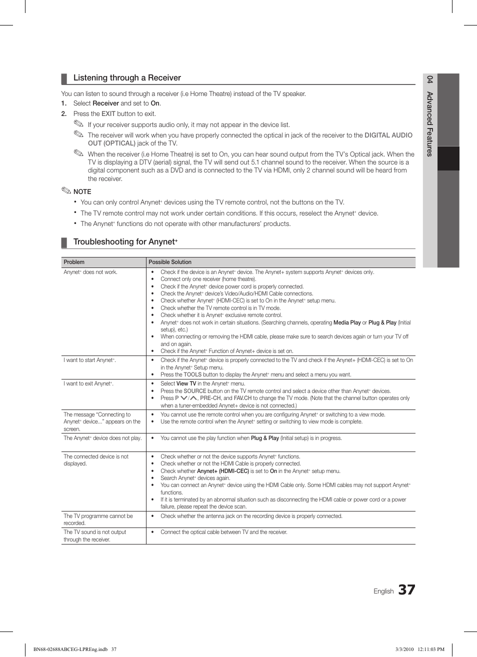Listening through a receiver, Troubleshooting for anynet, 04 advanced featur es | Samsung LE37C550J1W User Manual | Page 37 / 194