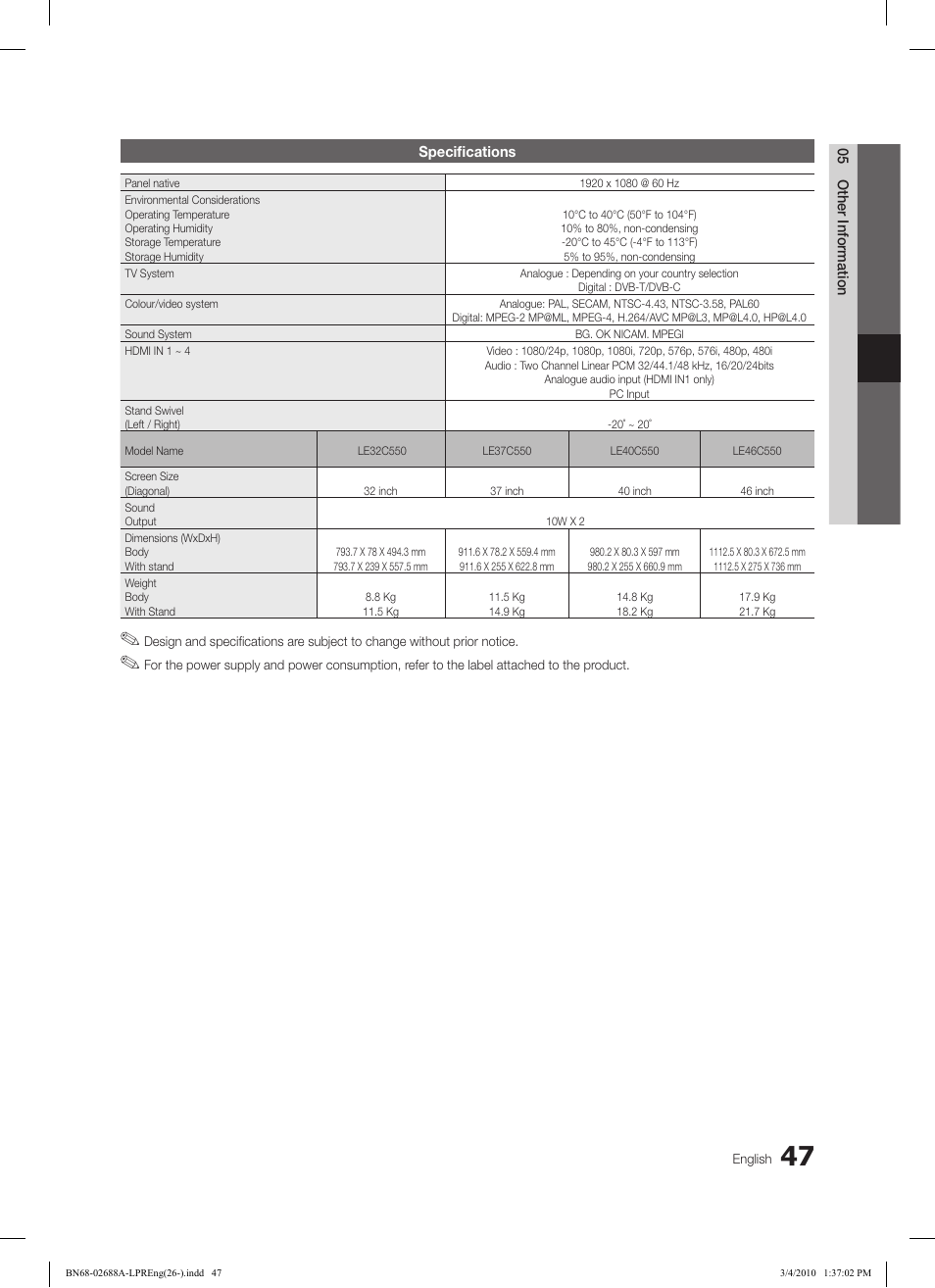 Samsung LE37C550J1W User Manual | Page 47 / 194