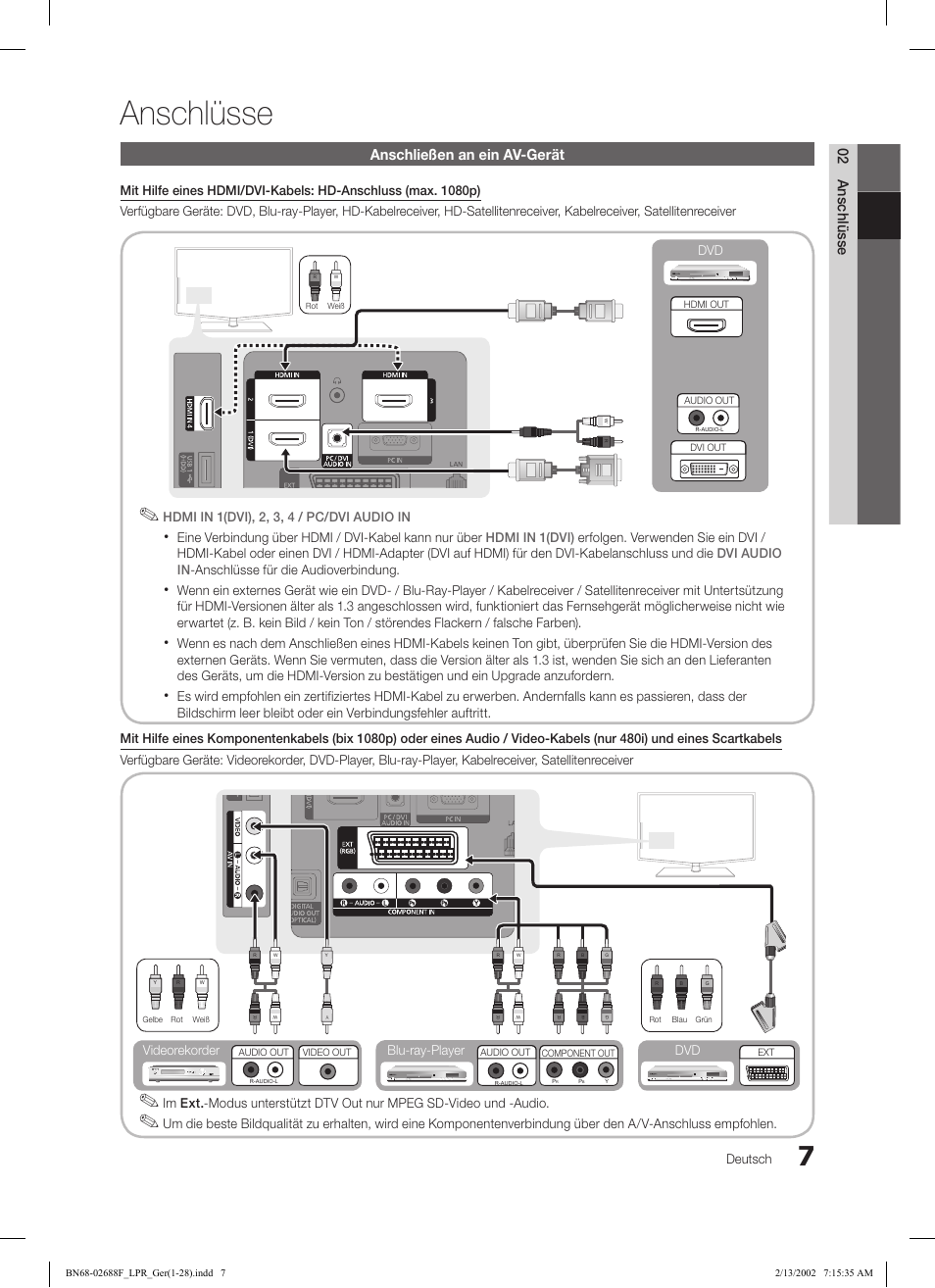 Anschlüsse, 02 anschlüsse, Anschließen an ein av-gerät | Deutsch, Hdmi in 1(dvi), 2, 3, 4 / pc/dvi audio in, Blu-ray-player dvd videorekorder | Samsung LE37C550J1W User Manual | Page 55 / 194