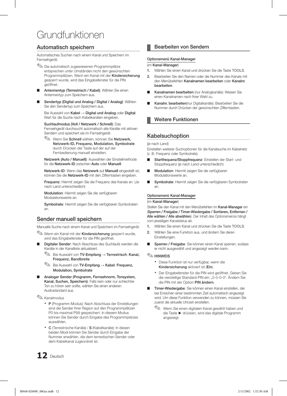 Grundfunktionen, Automatisch speichern, Sender manuell speichern | Kabelsuchoption | Samsung LE37C550J1W User Manual | Page 60 / 194