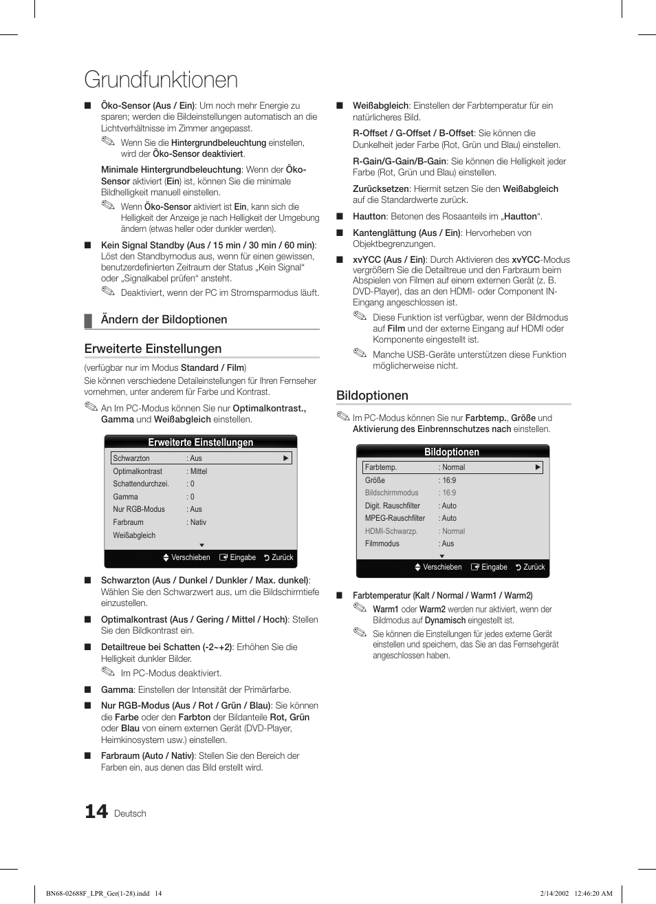 Grundfunktionen, Erweiterte einstellungen, Bildoptionen | Samsung LE37C550J1W User Manual | Page 62 / 194