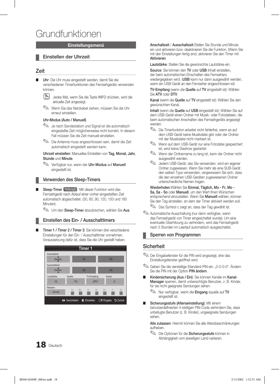 Grundfunktionen, Zeit, Sicherheit | Samsung LE37C550J1W User Manual | Page 66 / 194