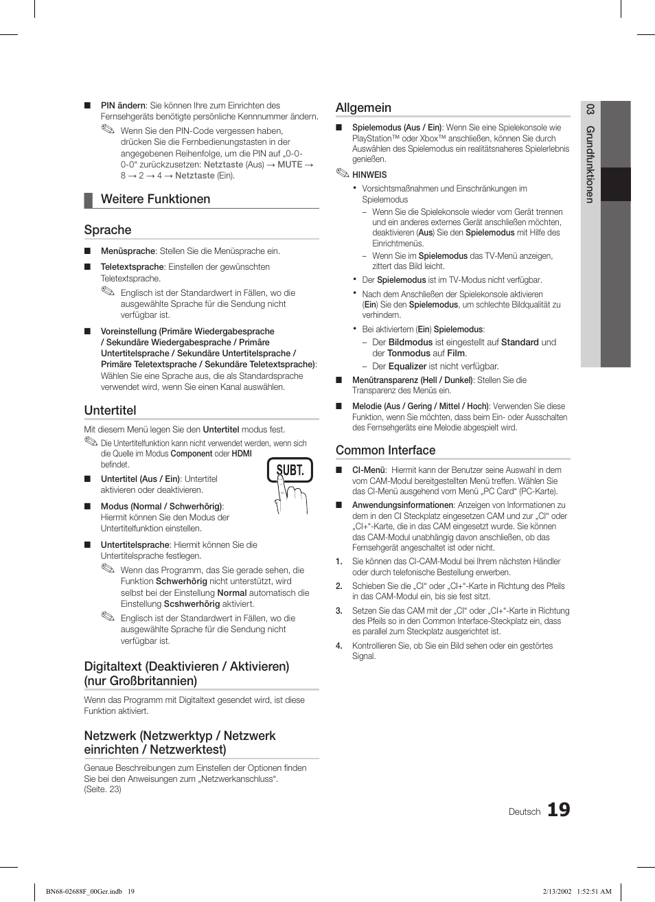 Weitere funktionen ¦ sprache, Untertitel, Allgemein | Common interface | Samsung LE37C550J1W User Manual | Page 67 / 194