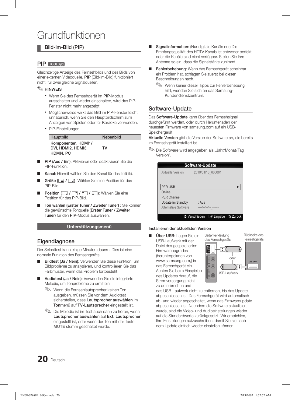 Grundfunktionen, Eigendiagnose, Software-update | Samsung LE37C550J1W User Manual | Page 68 / 194