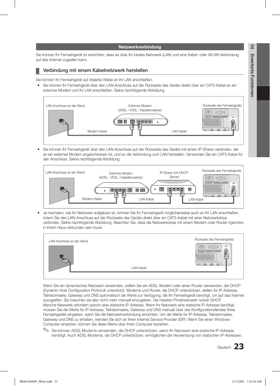 Verbindung mit einem kabelnetzwerk herstellen | Samsung LE37C550J1W User Manual | Page 71 / 194