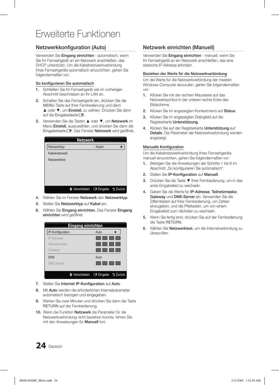 Erweiterte funktionen, Netzwerkkonfiguration (auto), Netzwerk einrichten (manuell) | Samsung LE37C550J1W User Manual | Page 72 / 194