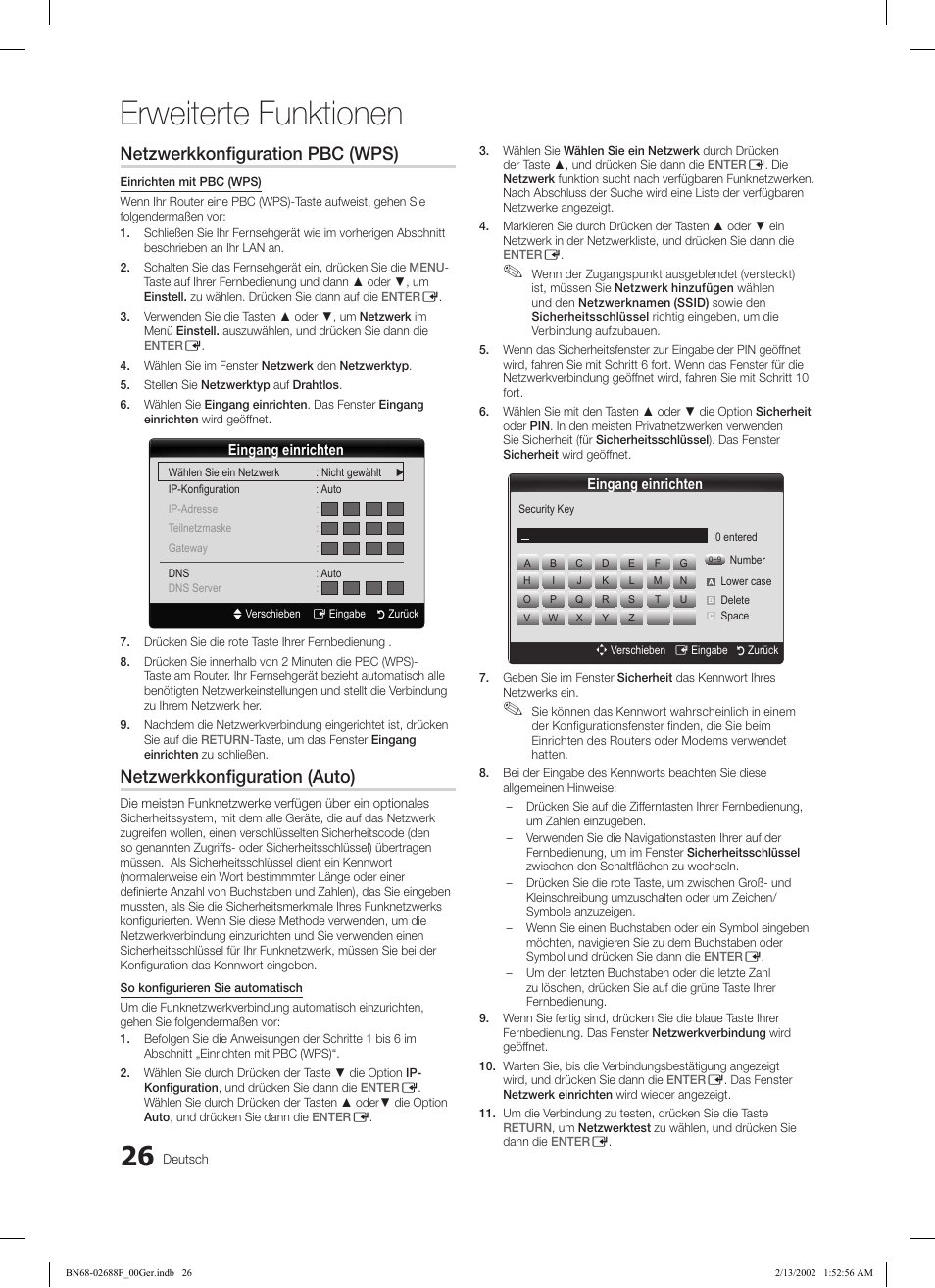 Erweiterte funktionen, Netzwerkkonfiguration pbc (wps), Netzwerkkonfiguration (auto) | Samsung LE37C550J1W User Manual | Page 74 / 194