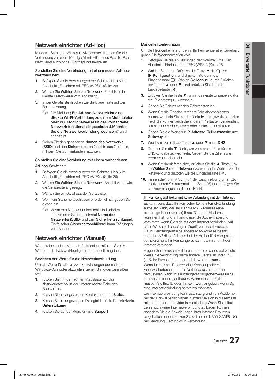 Netzwerk einrichten (ad-hoc), Netzwerk einrichten (manuell) | Samsung LE37C550J1W User Manual | Page 75 / 194