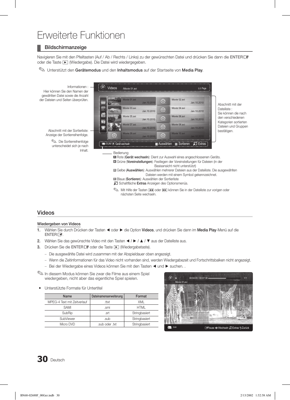 Erweiterte funktionen, Videos, Bildschirmanzeige | Samsung LE37C550J1W User Manual | Page 78 / 194