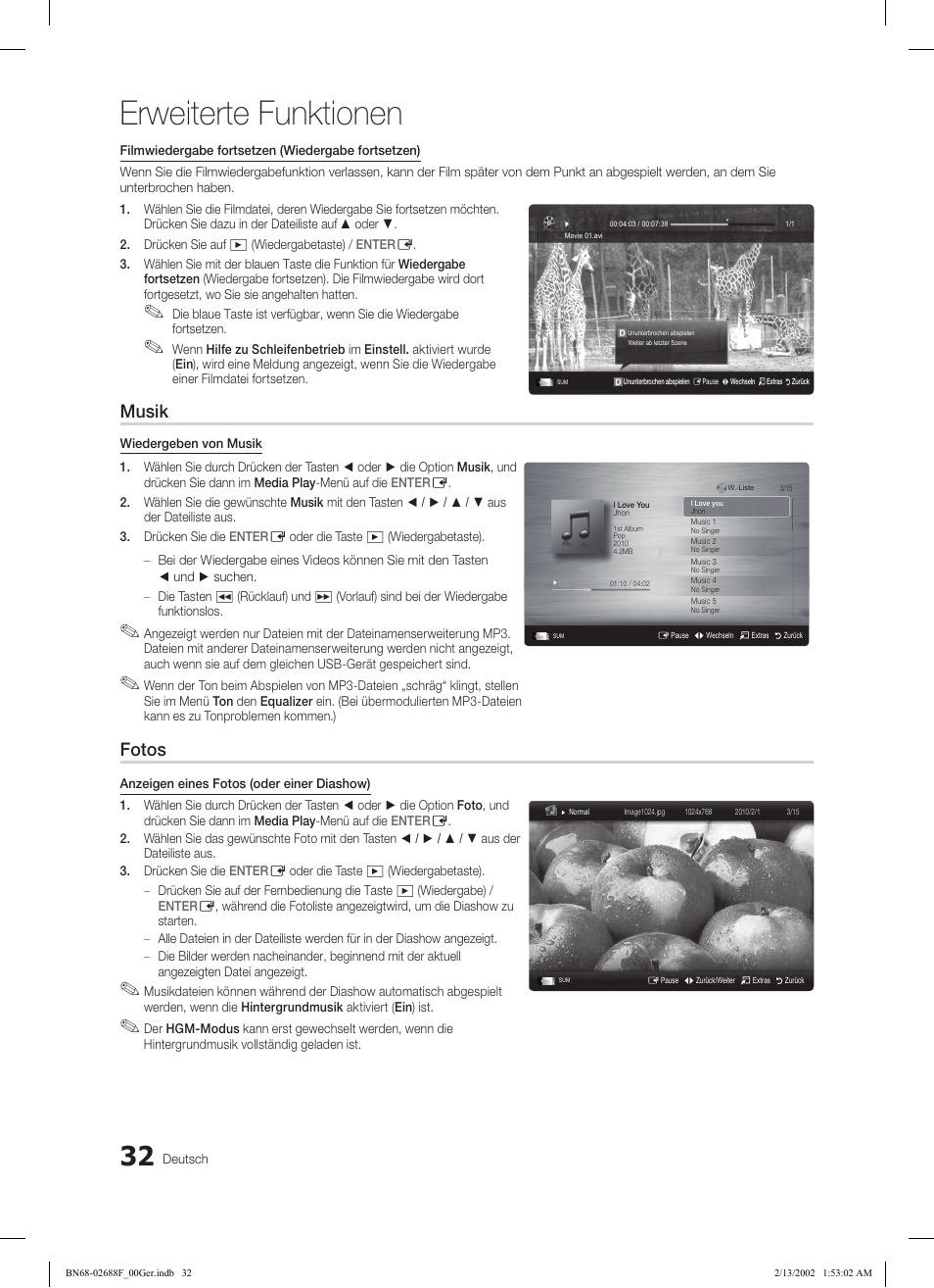 Erweiterte funktionen, Musik, Fotos | Samsung LE37C550J1W User Manual | Page 80 / 194