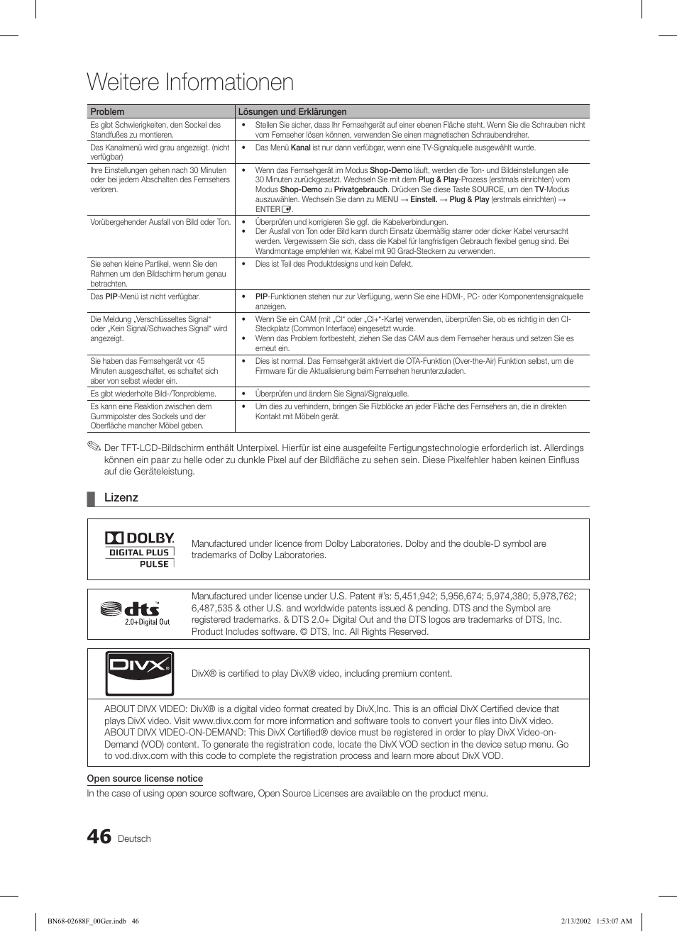 Weitere informationen, Lizenz | Samsung LE37C550J1W User Manual | Page 94 / 194