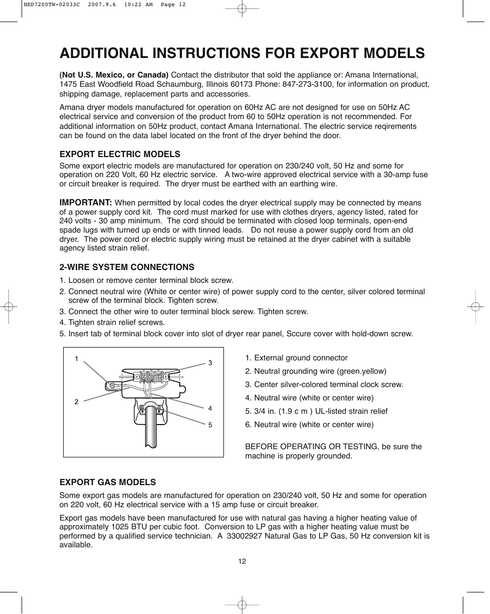 Additional instructions for export models | Amana Automatic Dryer User Manual | Page 12 / 37
