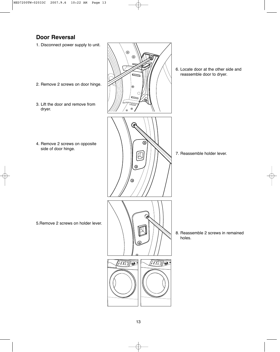 Door reversal | Amana Automatic Dryer User Manual | Page 13 / 37