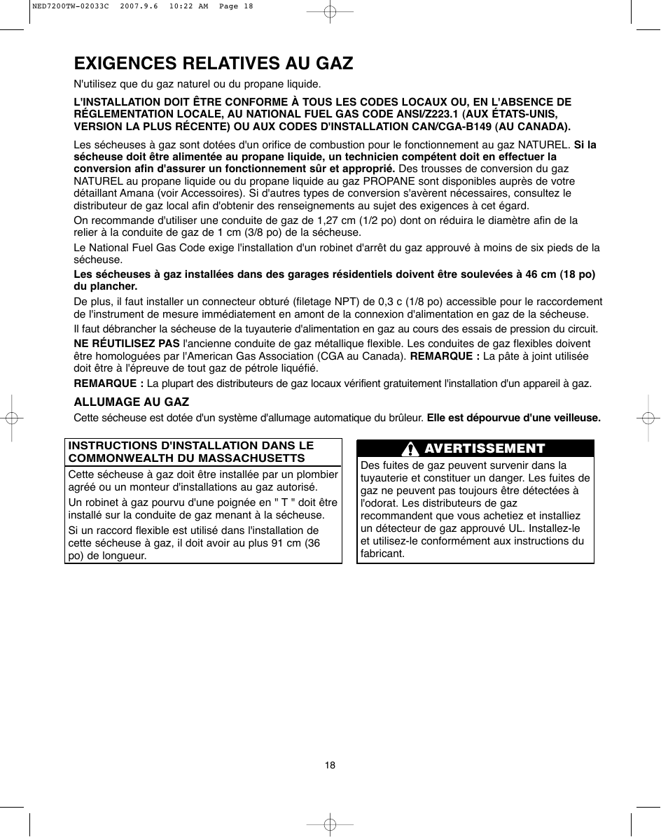 Exigences relatives au gaz | Amana Automatic Dryer User Manual | Page 18 / 37