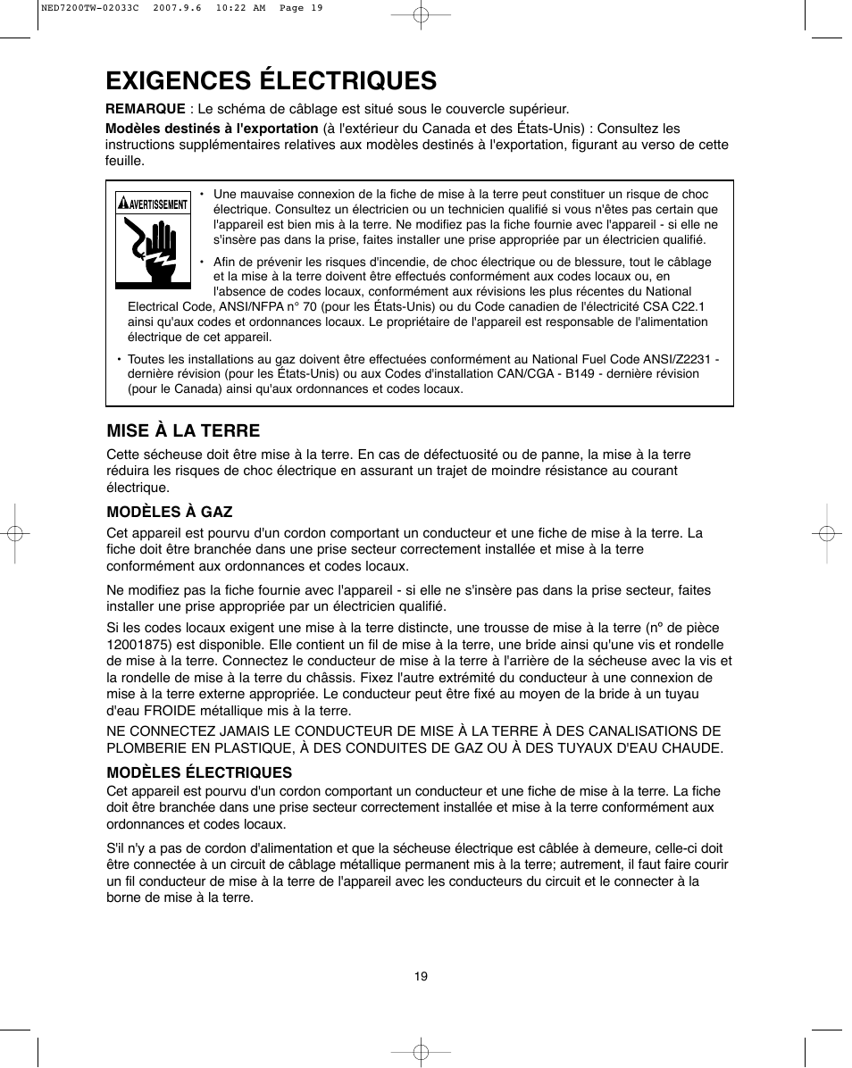 Exigences électriques, Mise à la terre | Amana Automatic Dryer User Manual | Page 19 / 37
