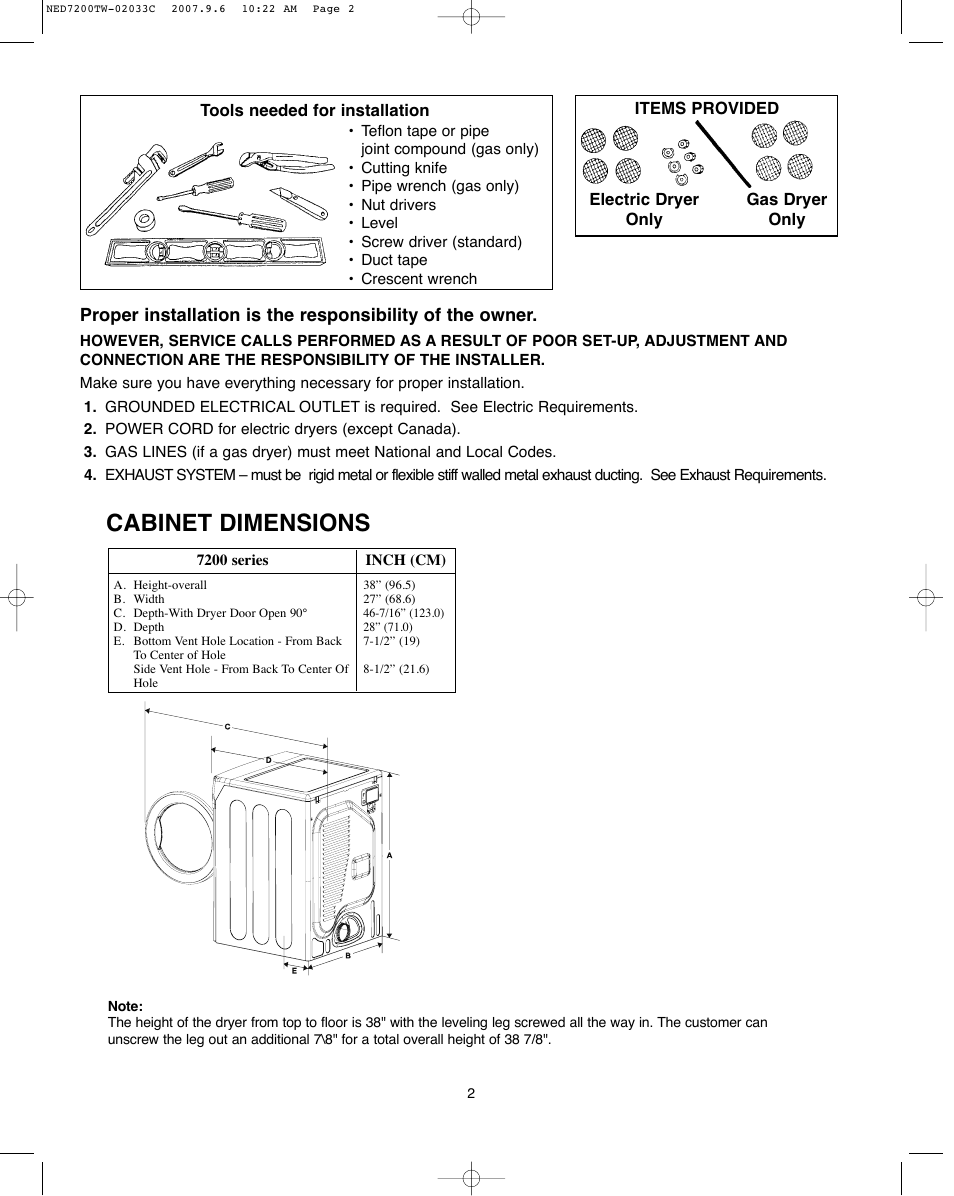 Cabinet dimensions | Amana Automatic Dryer User Manual | Page 2 / 37