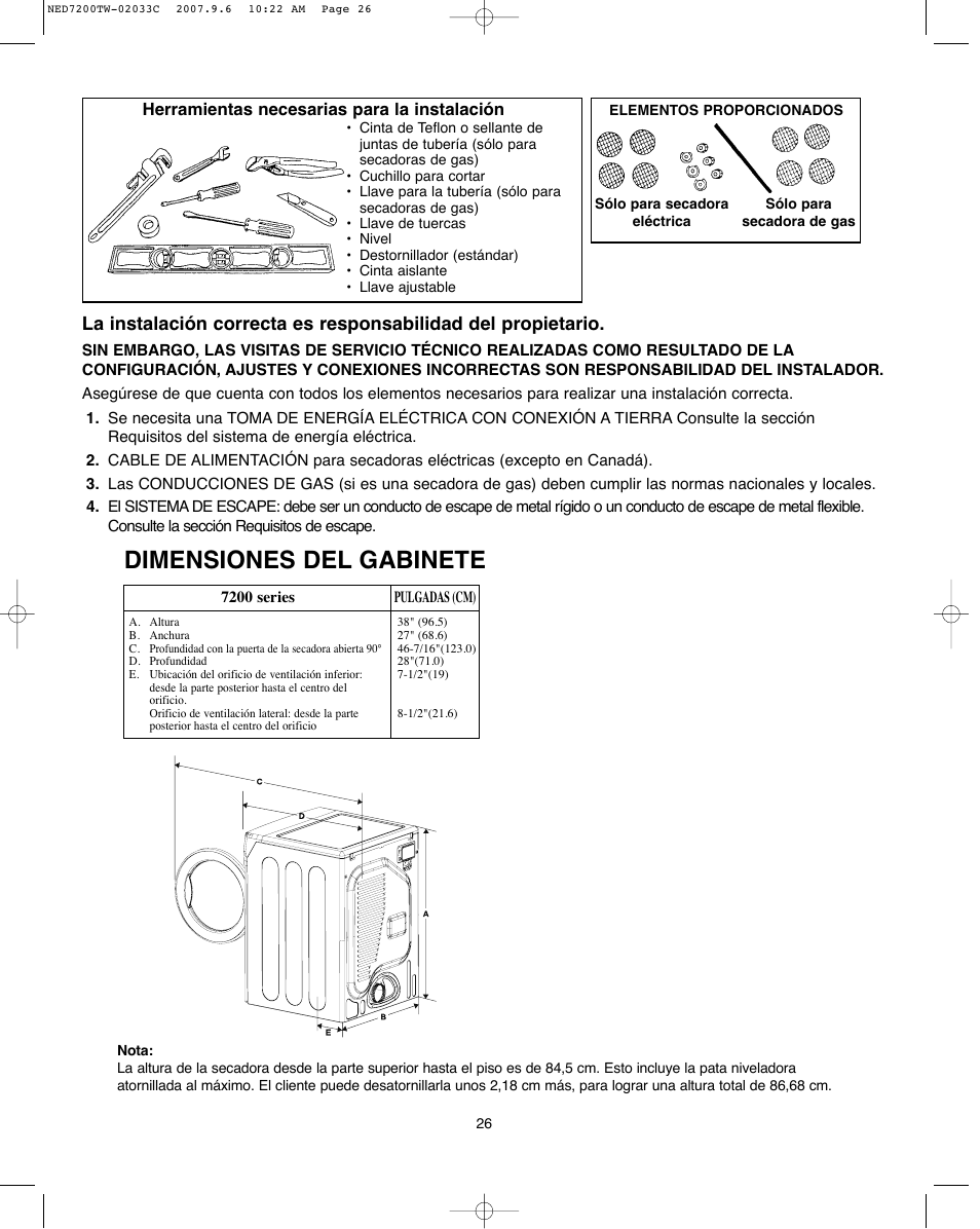 Dimensiones del gabinete | Amana Automatic Dryer User Manual | Page 26 / 37