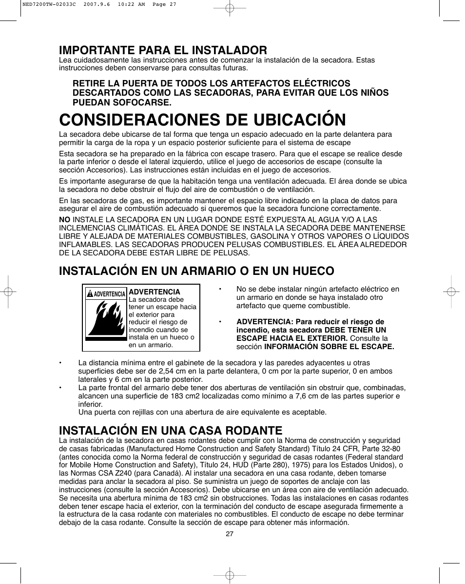 Consideraciones de ubicación, Importante para el instalador, Instalación en un armario o en un hueco | Instalación en una casa rodante | Amana Automatic Dryer User Manual | Page 27 / 37