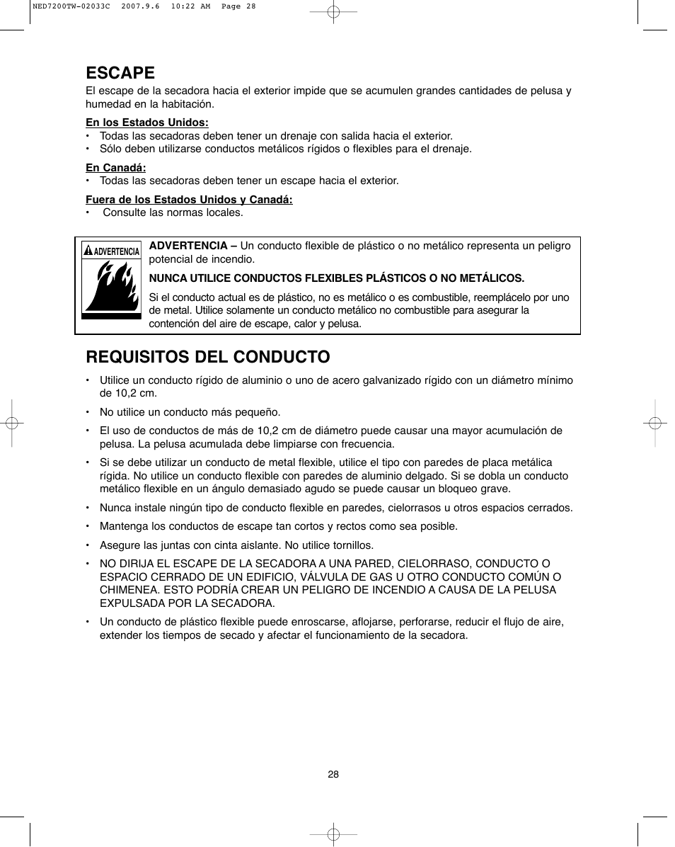 Escape, Requisitos del conducto | Amana Automatic Dryer User Manual | Page 28 / 37