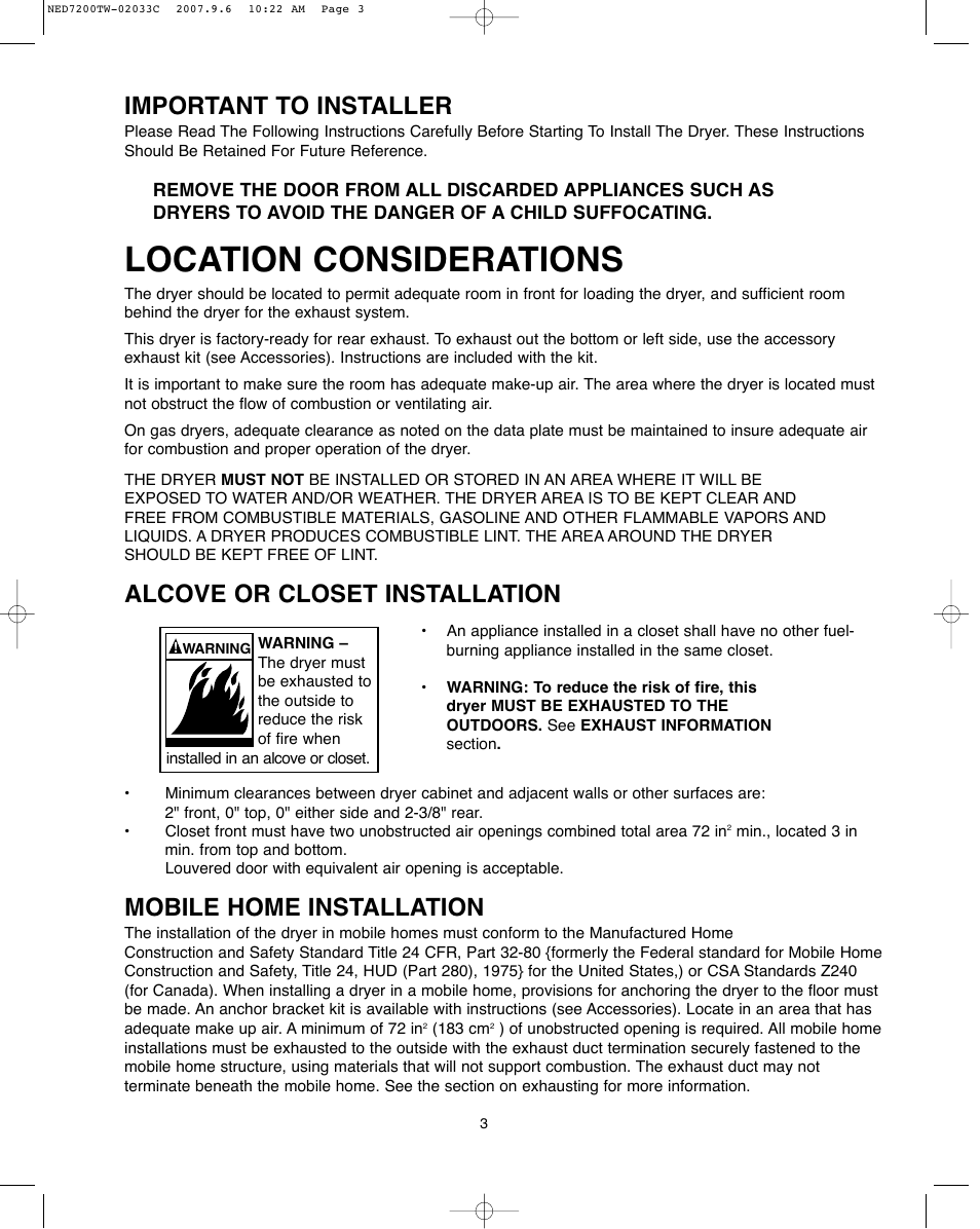 Location considerations, Important to installer, Alcove or closet installation | Mobile home installation | Amana Automatic Dryer User Manual | Page 3 / 37