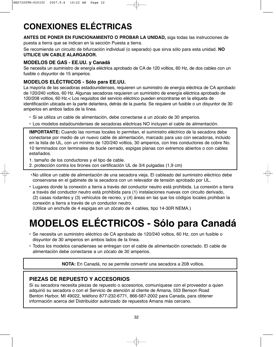 Modelos eléctricos - sólo para canadá, Conexiones eléctricas | Amana Automatic Dryer User Manual | Page 32 / 37