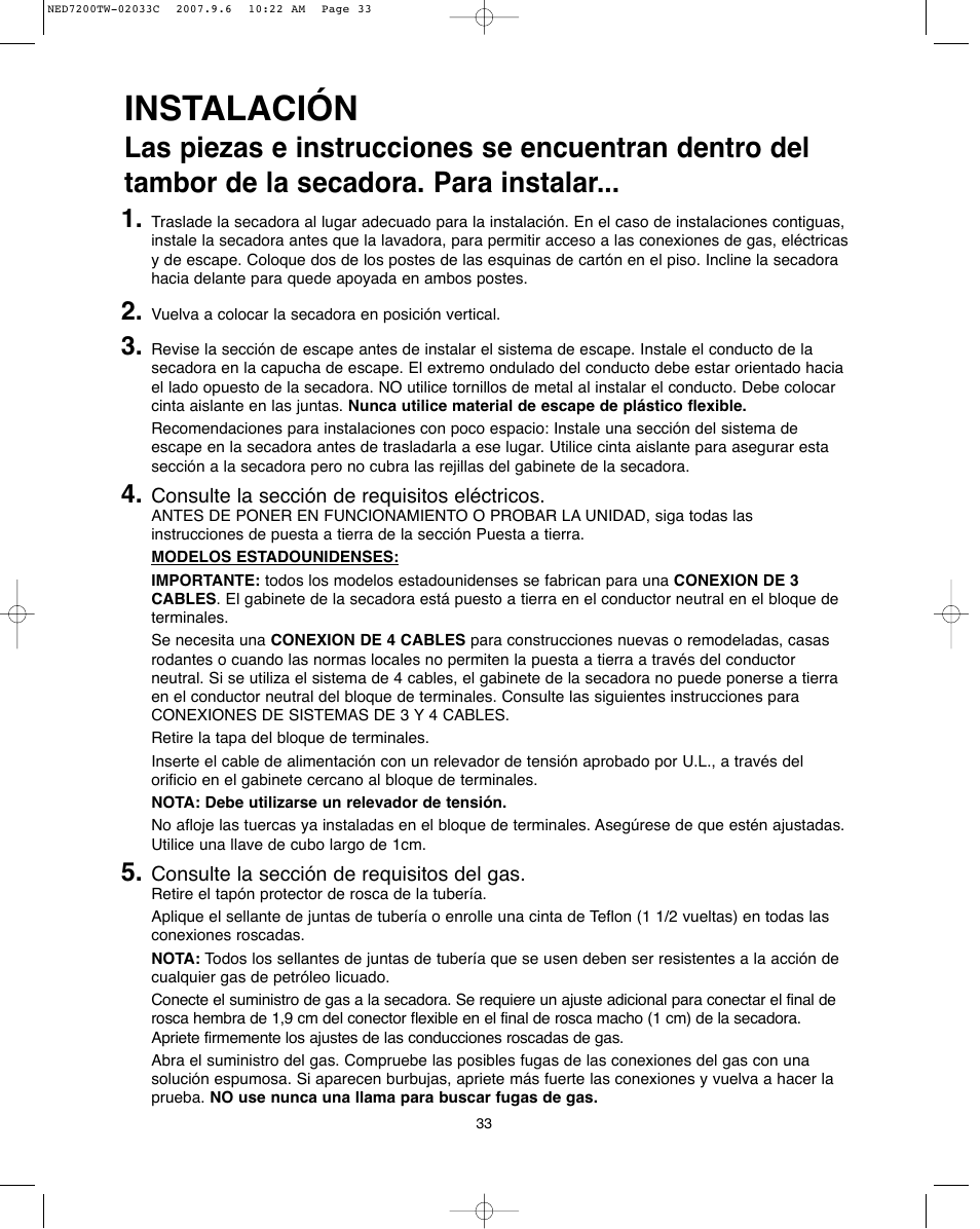 Instalación | Amana Automatic Dryer User Manual | Page 33 / 37
