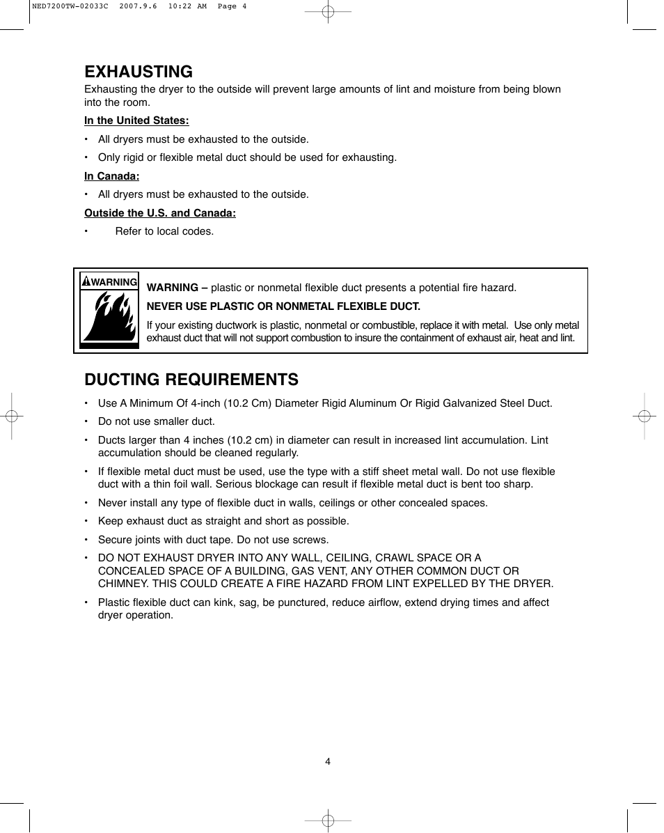 Exhausting, Ducting requirements | Amana Automatic Dryer User Manual | Page 4 / 37
