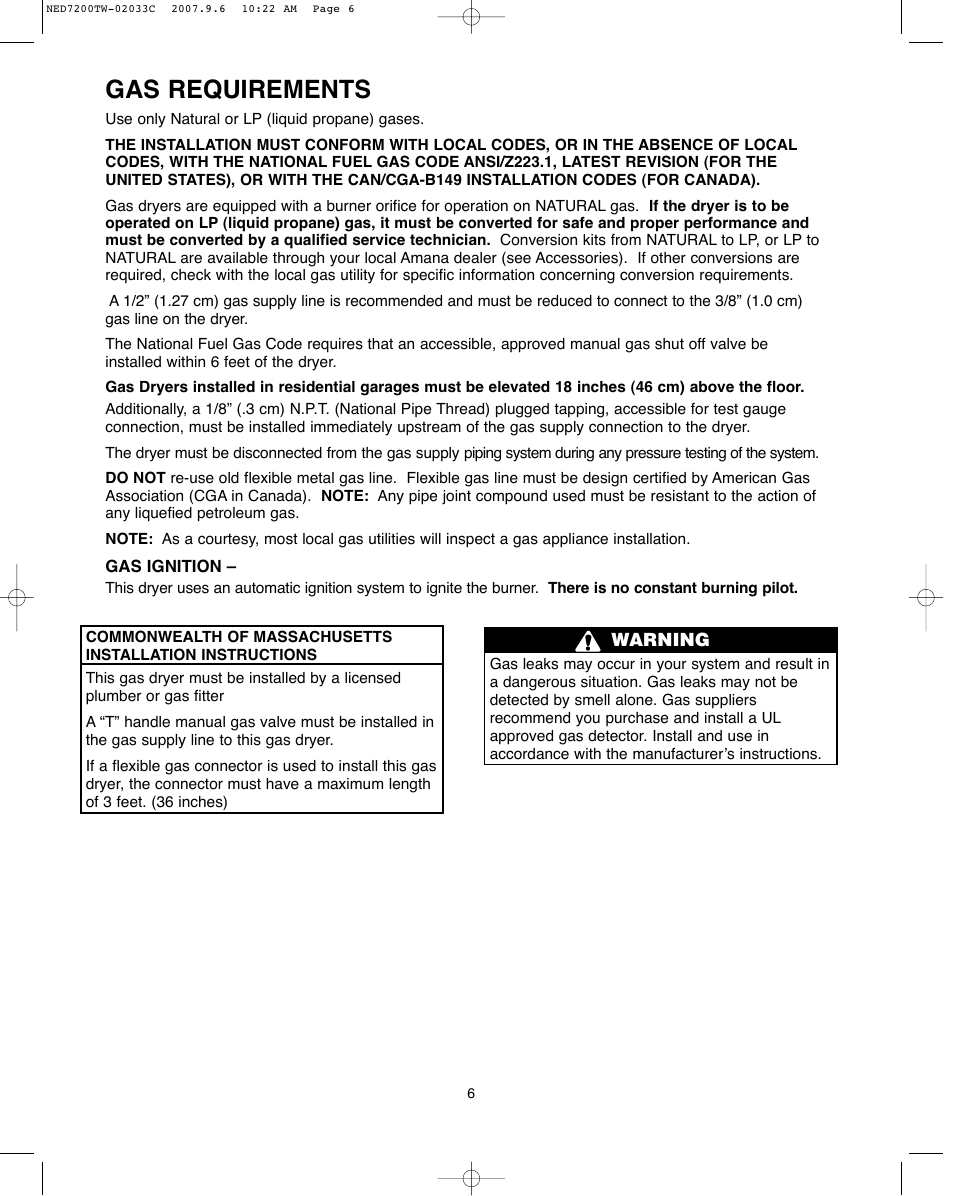 Gas requirements | Amana Automatic Dryer User Manual | Page 6 / 37