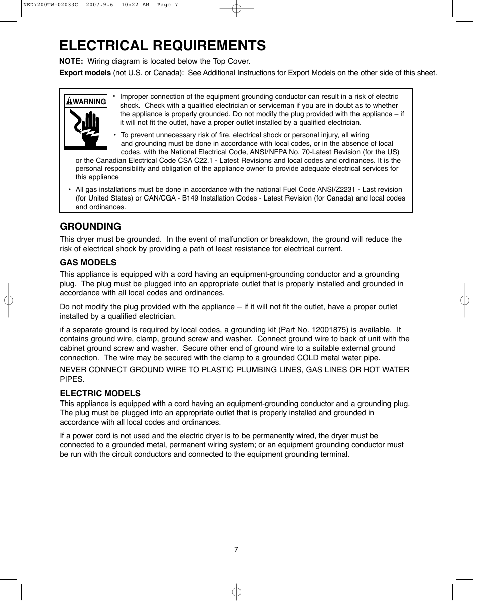 Electrical requirements, Grounding | Amana Automatic Dryer User Manual | Page 7 / 37