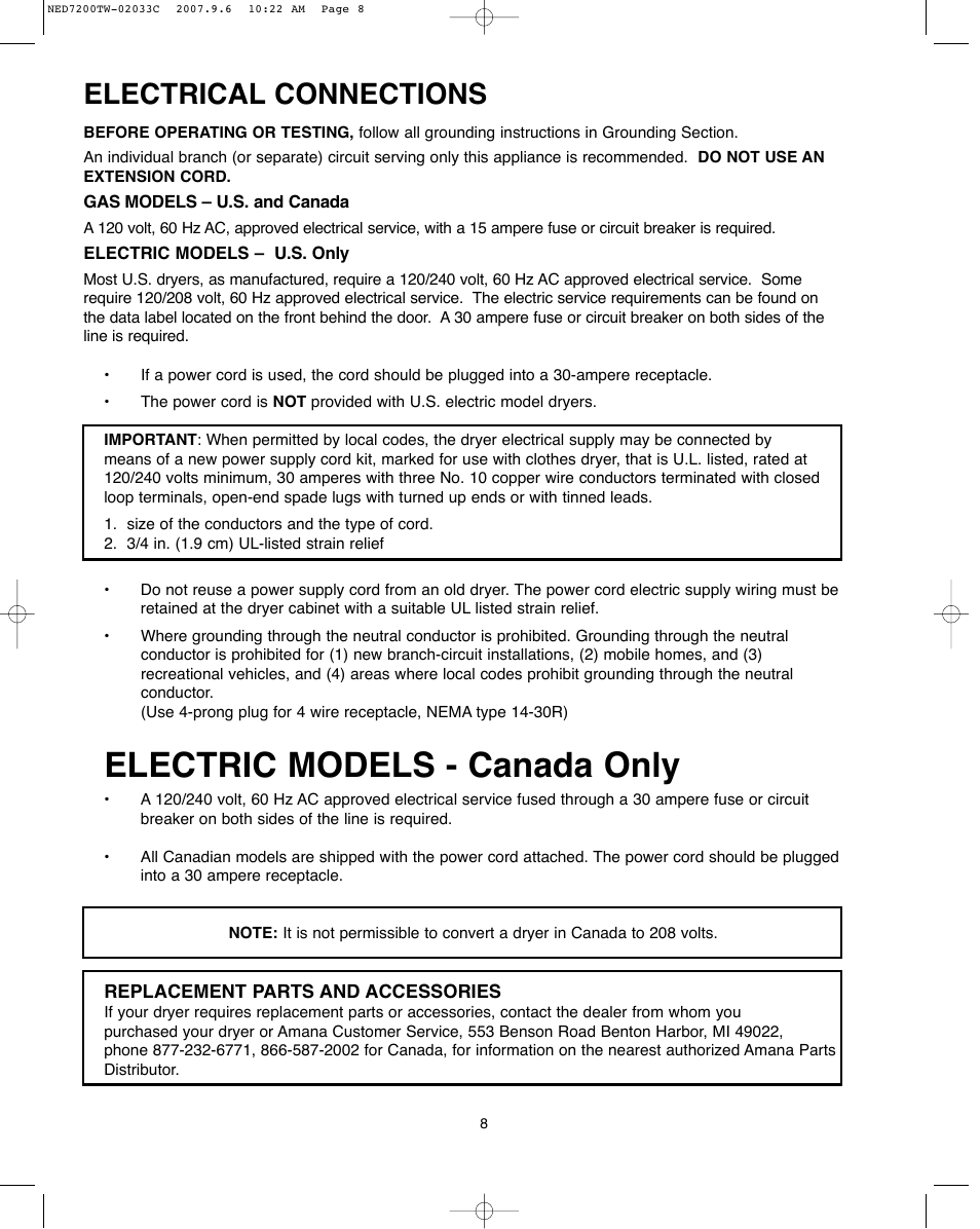 Electric models - canada only, Electrical connections | Amana Automatic Dryer User Manual | Page 8 / 37