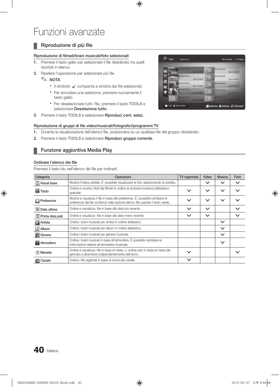 Funzioni avanzate, Riproduzione di più file, Funzione aggiuntiva media play | Samsung UE32C6600UP User Manual | Page 100 / 181