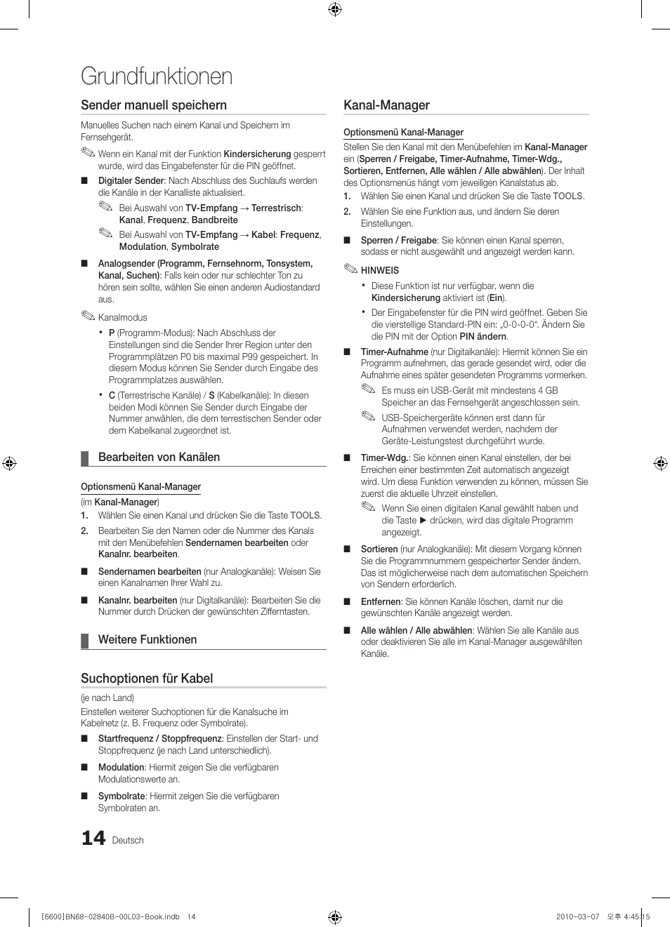 Grundfunktionen, Sender manuell speichern, Suchoptionen für kabel | Kanal-manager | Samsung UE32C6600UP User Manual | Page 134 / 181