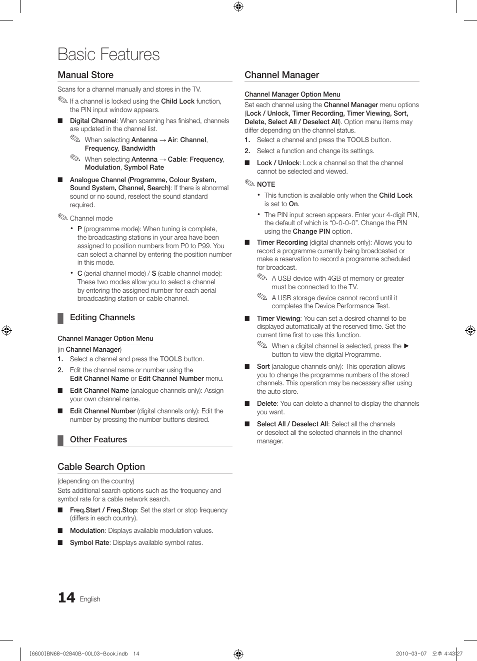 Basic features, Manual store, Cable search option | Channel manager | Samsung UE32C6600UP User Manual | Page 14 / 181