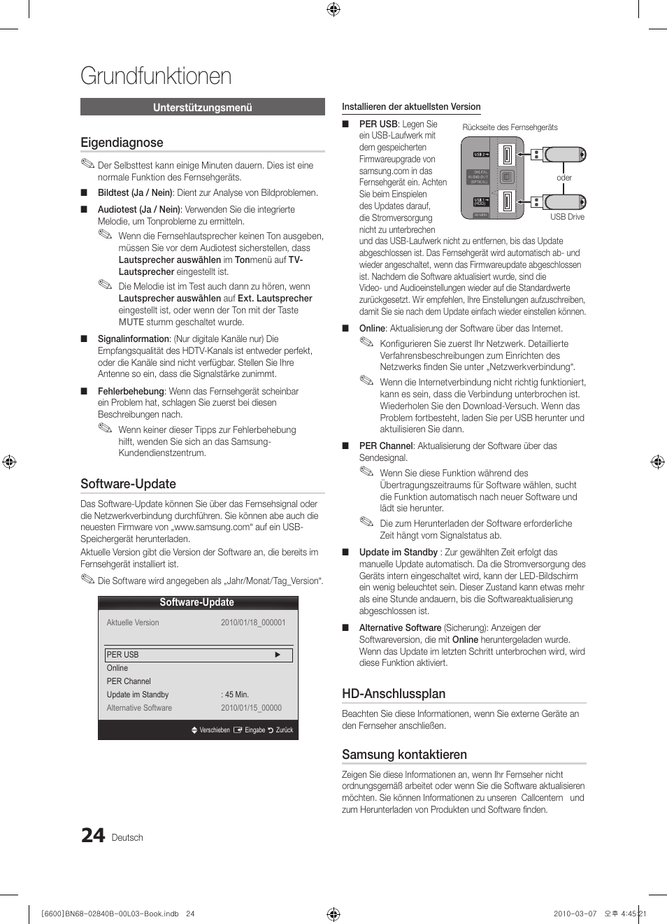 Grundfunktionen, Eigendiagnose, Software-update | Hd-anschlussplan, Samsung kontaktieren | Samsung UE32C6600UP User Manual | Page 144 / 181