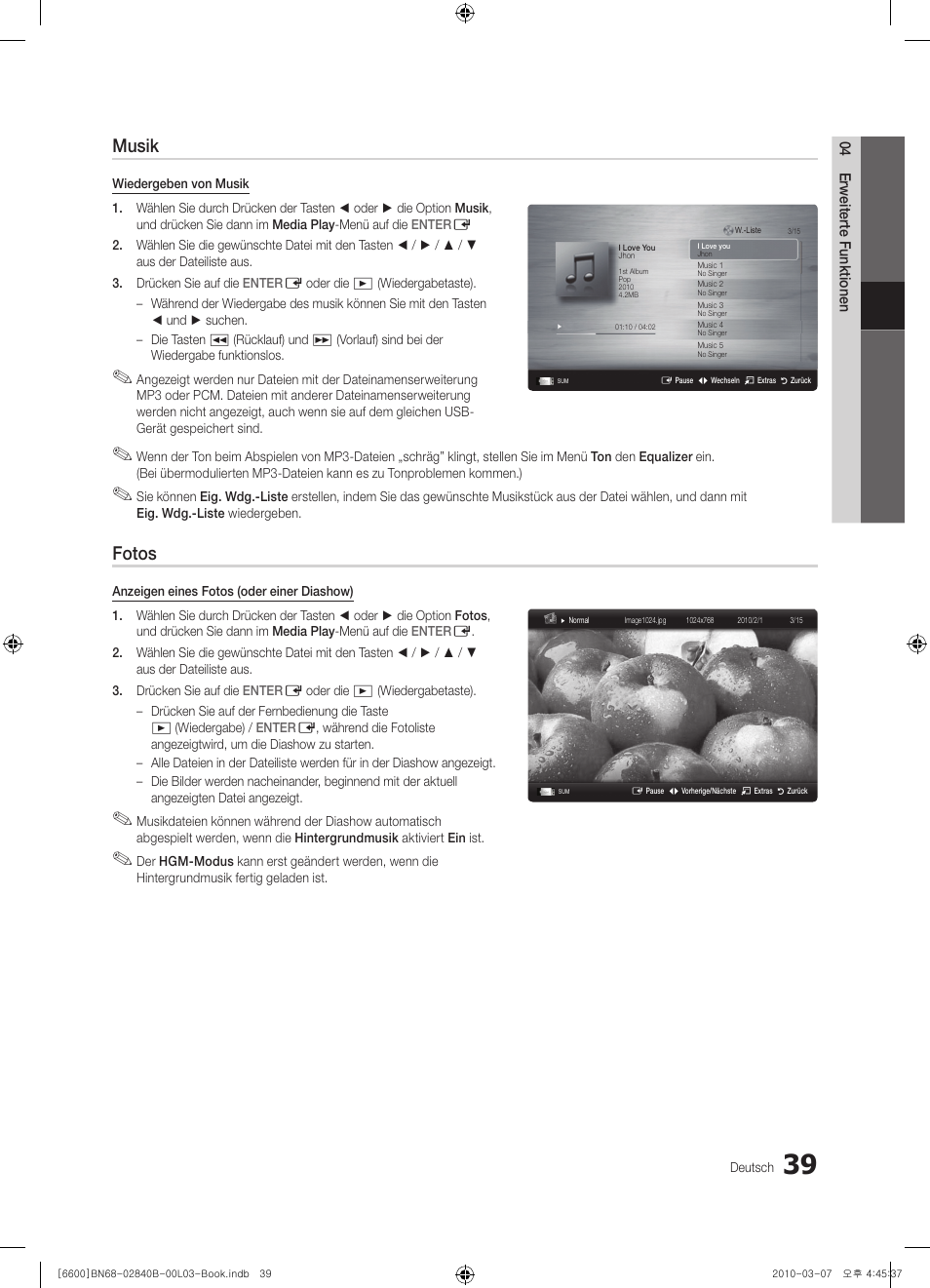 Musik, Fotos | Samsung UE32C6600UP User Manual | Page 159 / 181